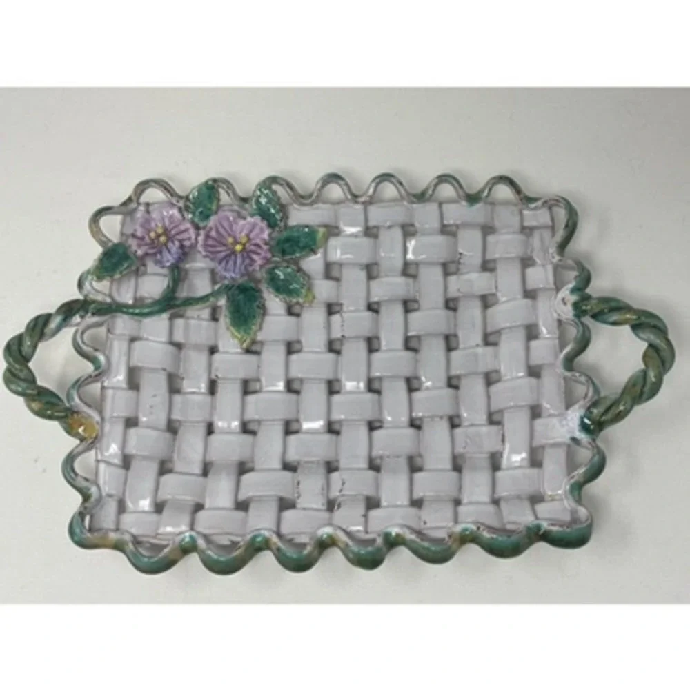 Vtg Italian Majolica Weave‎ Ceramic Decorative Tray Floral